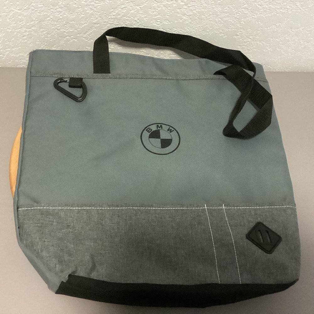 BMW Tote Bag Unisex Large Gray Canvas Logo Shoulder Bag Carabiner Clip Utility